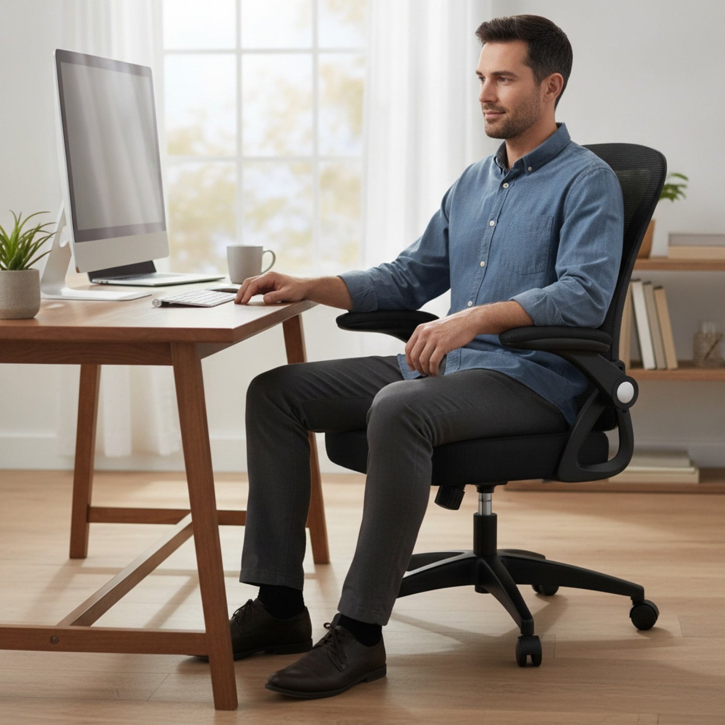 Chaise de Bureau Ergonomique en Maille avec Support Lombaire et Accoudoirs Réglables