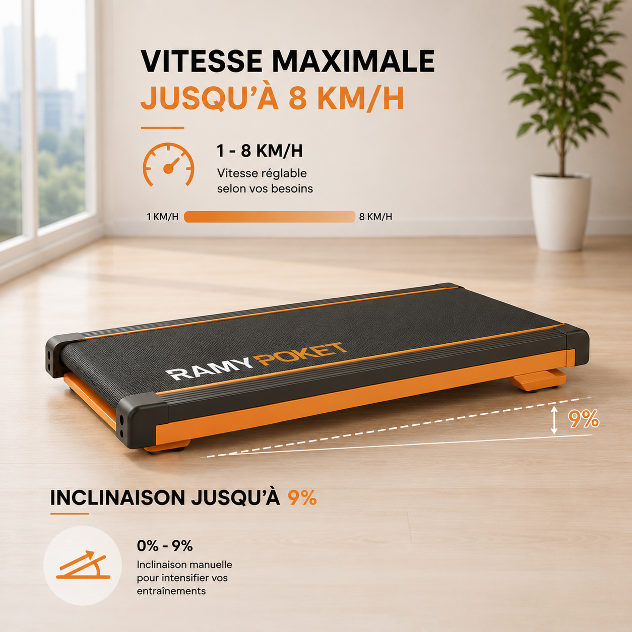 Tapis de Marche Pliable et Inclinable 9% - Moteur Silencieux 2.5HP, Vitesse 1-8 km/h, Charge Max 130kg